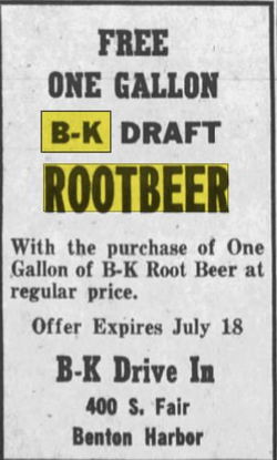 Shorts Drive-In (B&K Root Beer, Allens Root Beer, B-K Root Beer, BK Root Beer) - Jul 1957 Ad (newer photo)